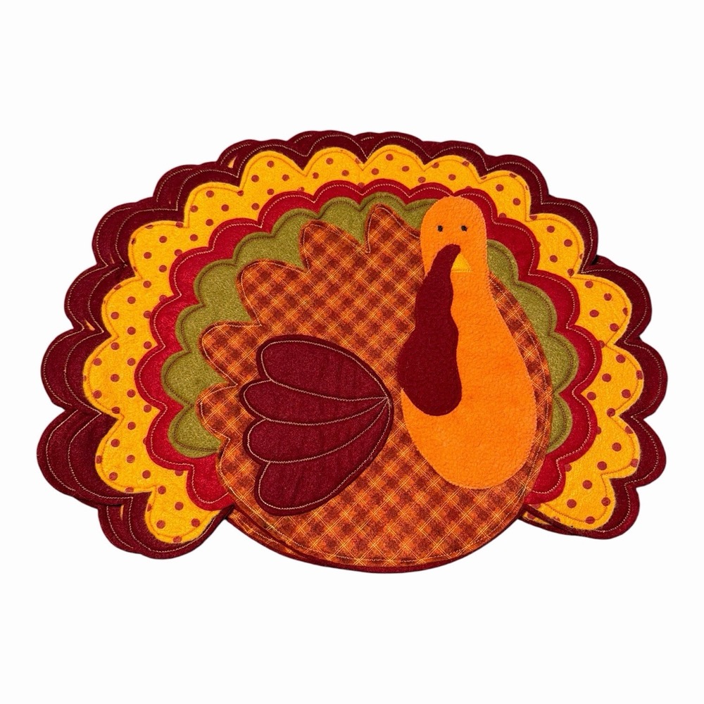 Vintage Pier 1 Imports Felt Whimsical Turkey Placemats Set 4 Fall Thanksgiving